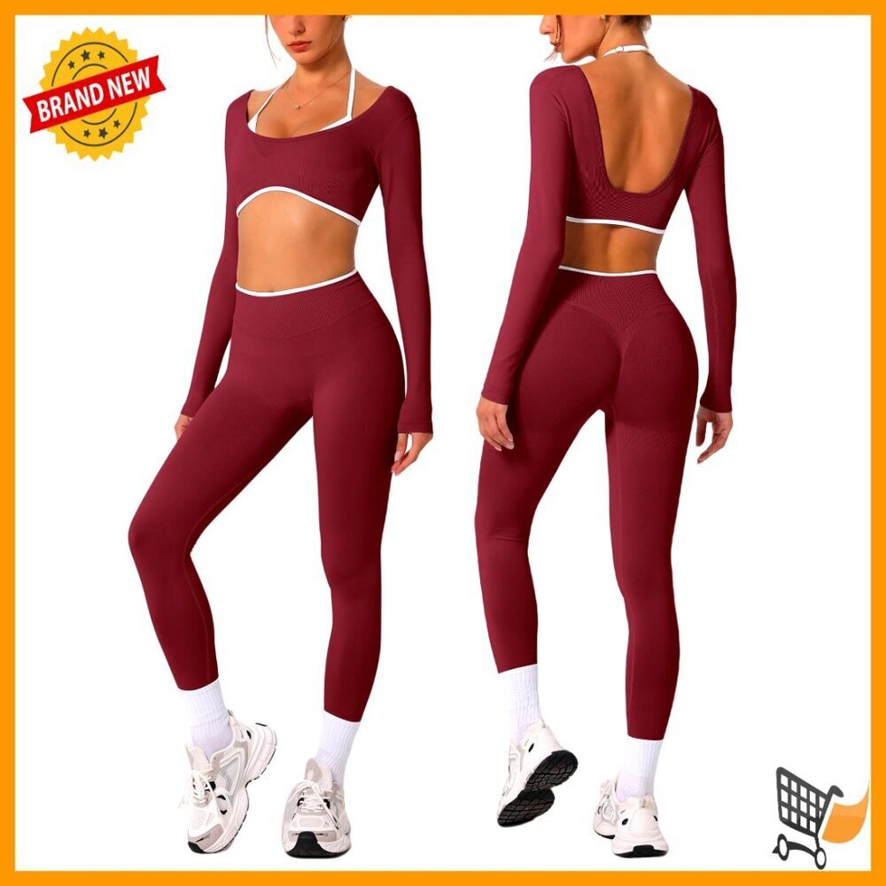Long Sleeve Halter Crop Top and High Waist Leggings Workout Set Adjustable